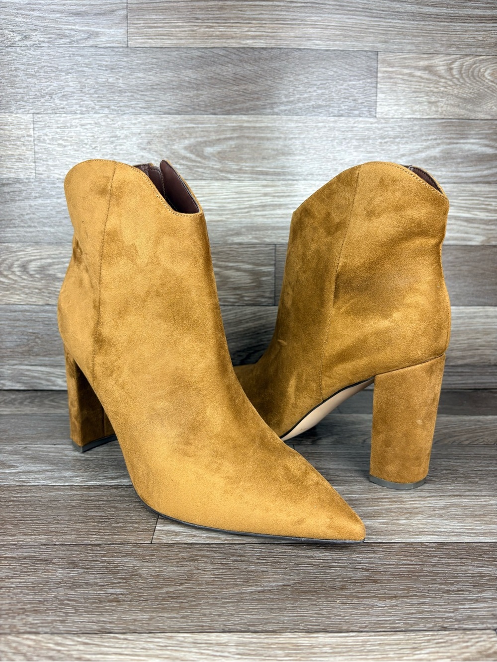 Marc Fisher Cognac Brown Faux Suede Ankle Boot Pointed Toe Block Heel Zip Sz 11